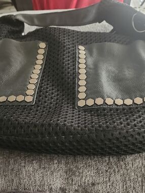 Black Mesh Shoulder Bag with Hex Stud Accents